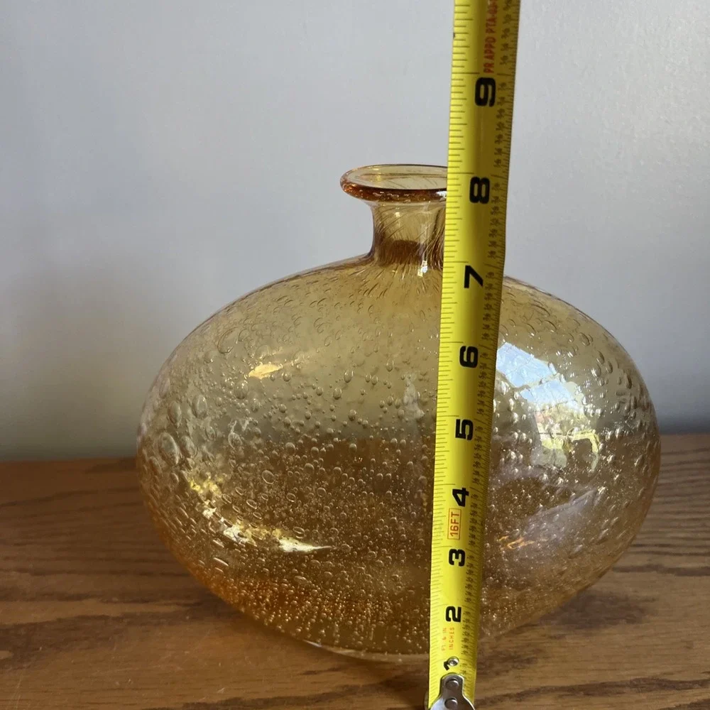 Vintage Bubble Glass Vase Amber Yellow Art Glass Contemporary MCM
